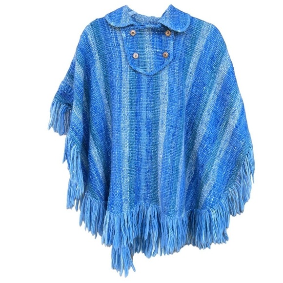 Handmade 100% Wool Fringe Poncho Artesania King Uruguay Blue Stripe Woven Medium - Picture 2 of 13